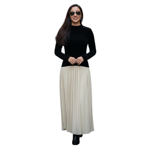 Modest Sweater Dress S Black White Mock Neck Pleated Skirt Simple Elegant NWOT - Picture 1 of 11